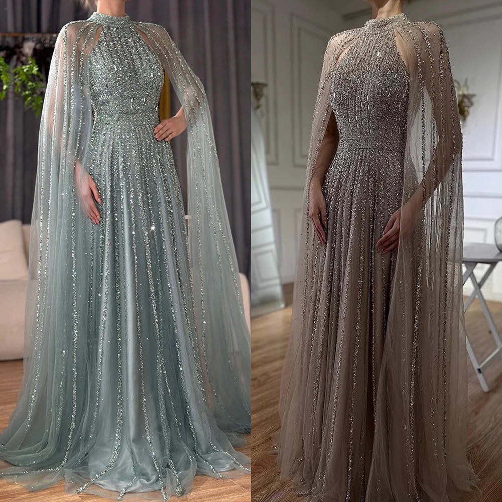 Luxury Caramel A-Line Cape Sleeve Beaded Evening Dress LA72306B