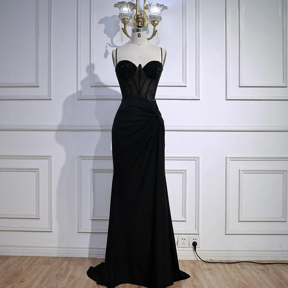 Black Beaded Classy Prom Dress with Spaghetti Straps LA73039
