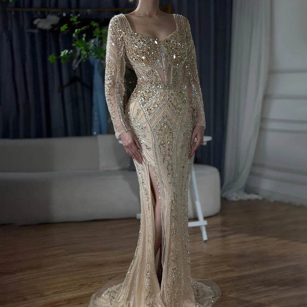 Luxury Dubai Beaded Evening Dress With Long Sleeve LA72518