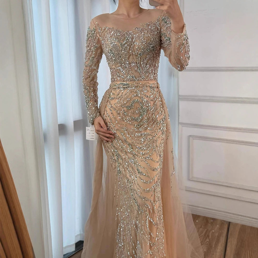 Muslim Nude Mermaid Evening Dress with Overskirt Split Beaded LA71995