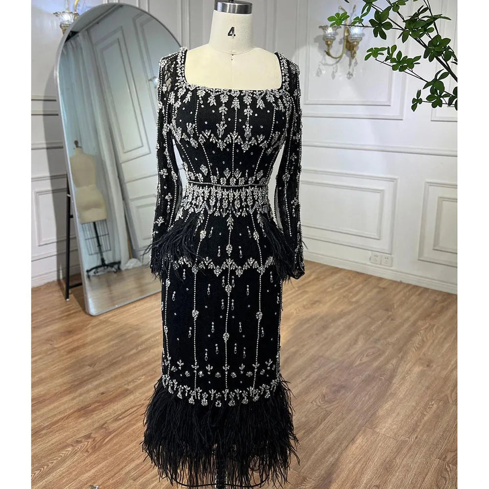 Luxury Black Feathers Midi Evening Dress with Long Sleeve LA71492AM