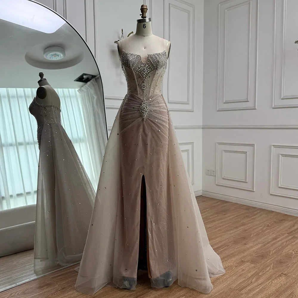 Luxury White Nude Beaded Evening Dress with Overskirt LA73107