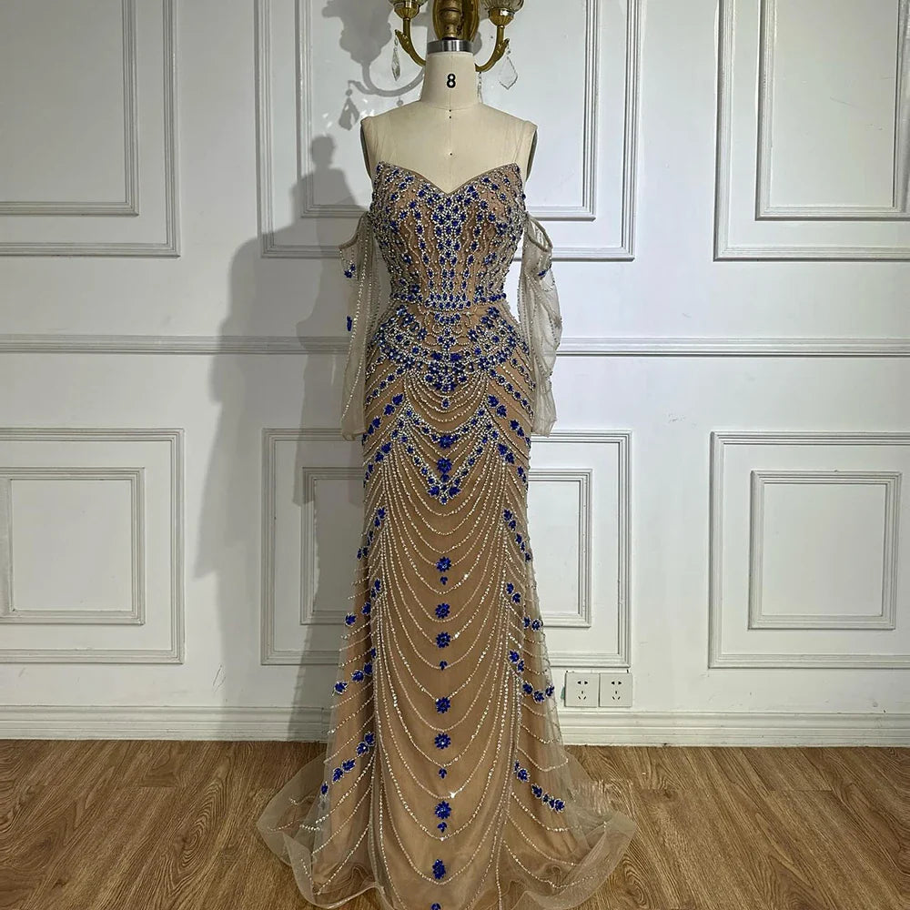 Luxury Blue Beaded Mermaid Evening Dress LA72858