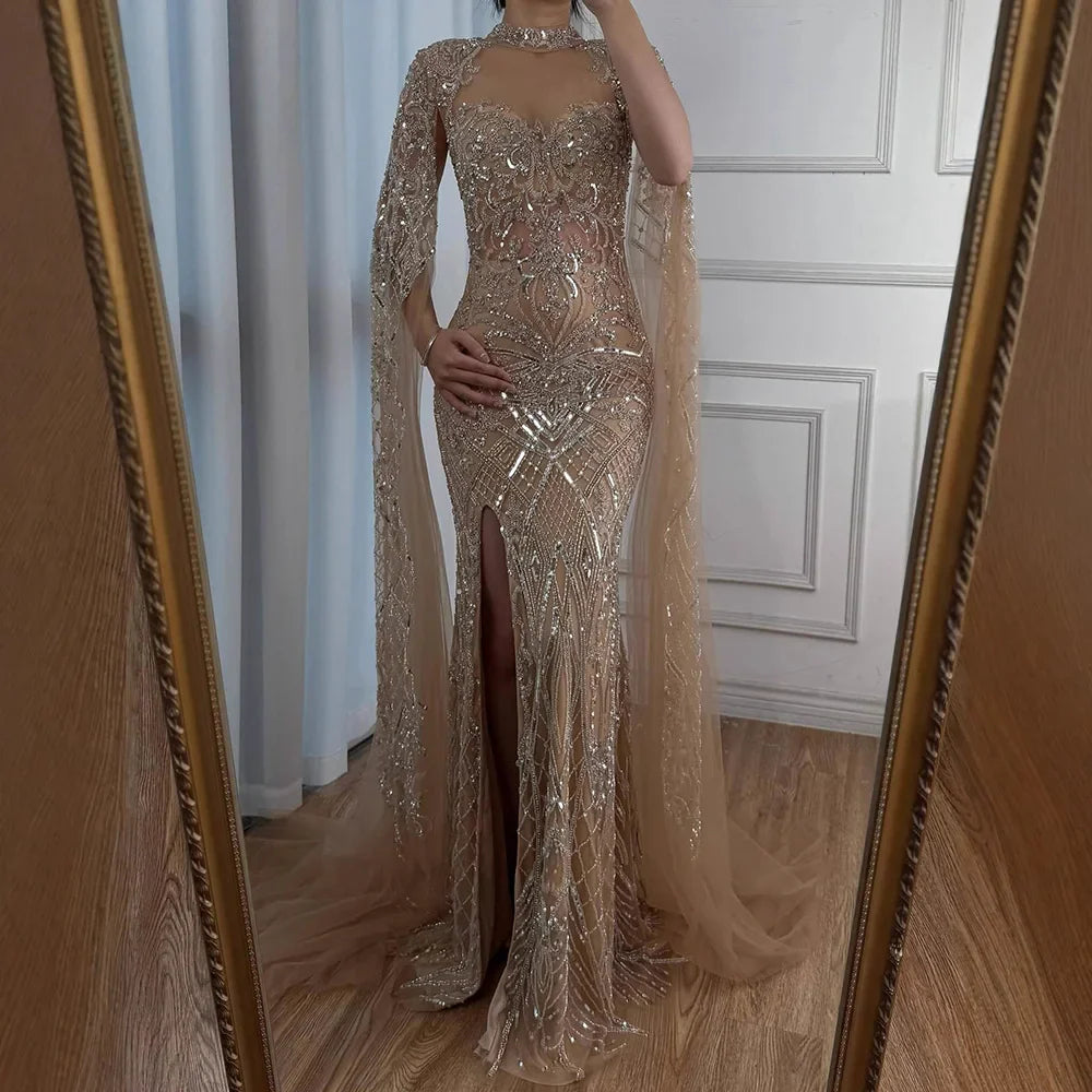 Luxury Nude Beaded Mermaid Evening Dress with Cape LA71747