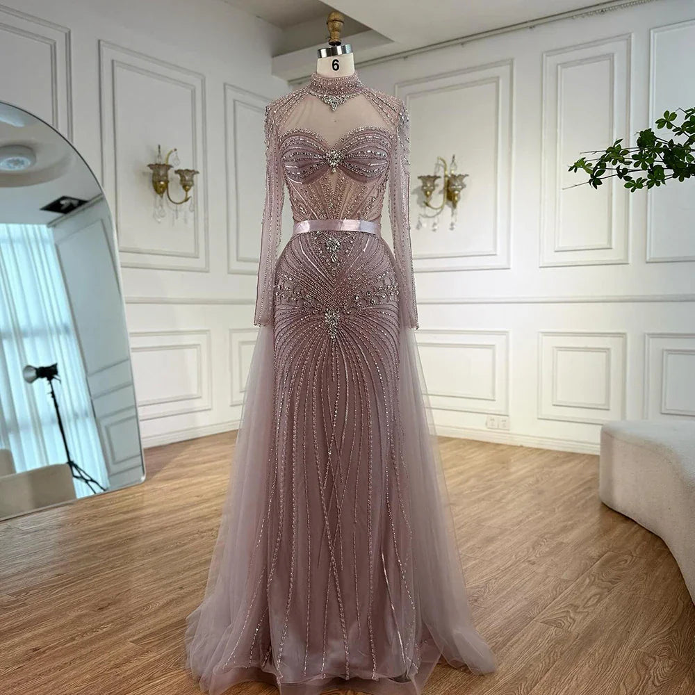 Luxury Nude Modest Beaded Evening Dress Long Sleeves With Overskirt LA72990