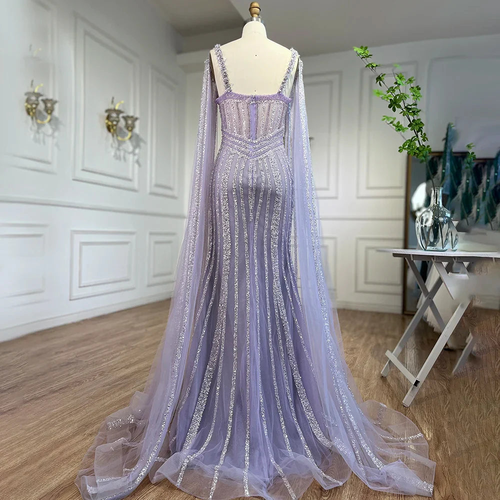 Luxury Crystal Yellow Evening Dress with Cape Sleeves LA72085