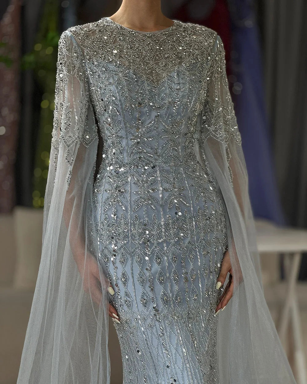 Dubai Caramel Elegant Cape Sleeve Luxury Beaded Evening Gown LA72775