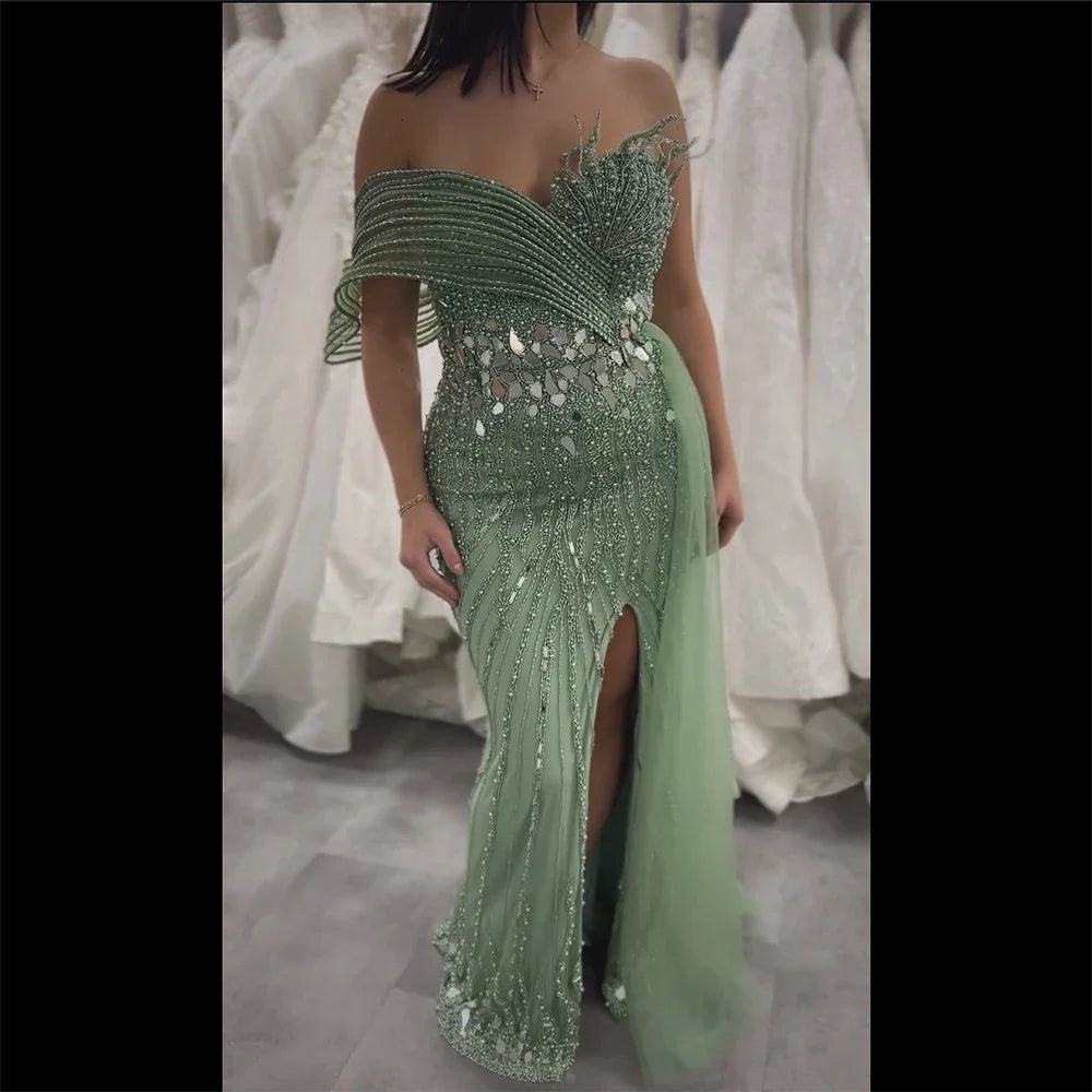 Luxury Dubai Pink Beaded One-Shoulder Mermaid Evening Gown with Slit and Tulle Detail for Formal Occasion LA72888