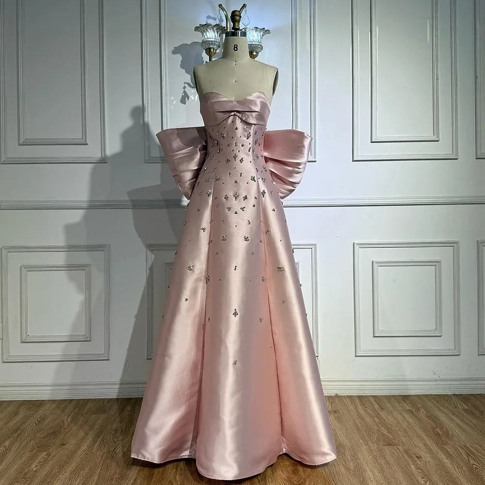 Pink Satin Strapless Mermaid Evening Gown with Big Bow LA72414B
