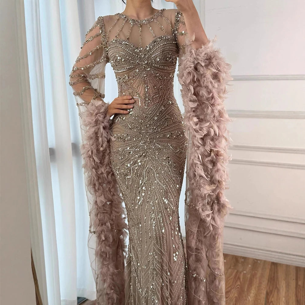 Luxury Modest Caramel Feather Long Cape Sleeves Mermaid Evening Dress LA72708A