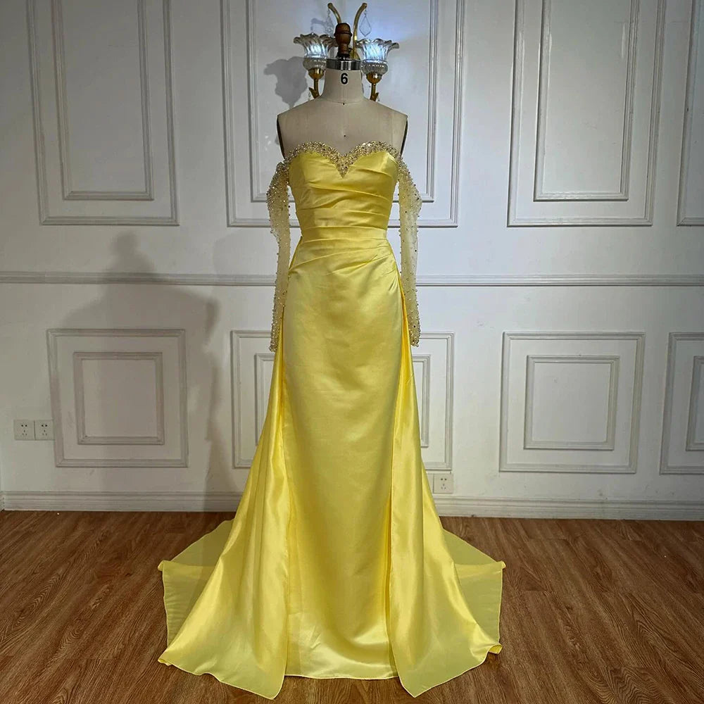 Elegant Yellow Mermaid Beaded Evening Gown with Detachable Sleeves LA72777