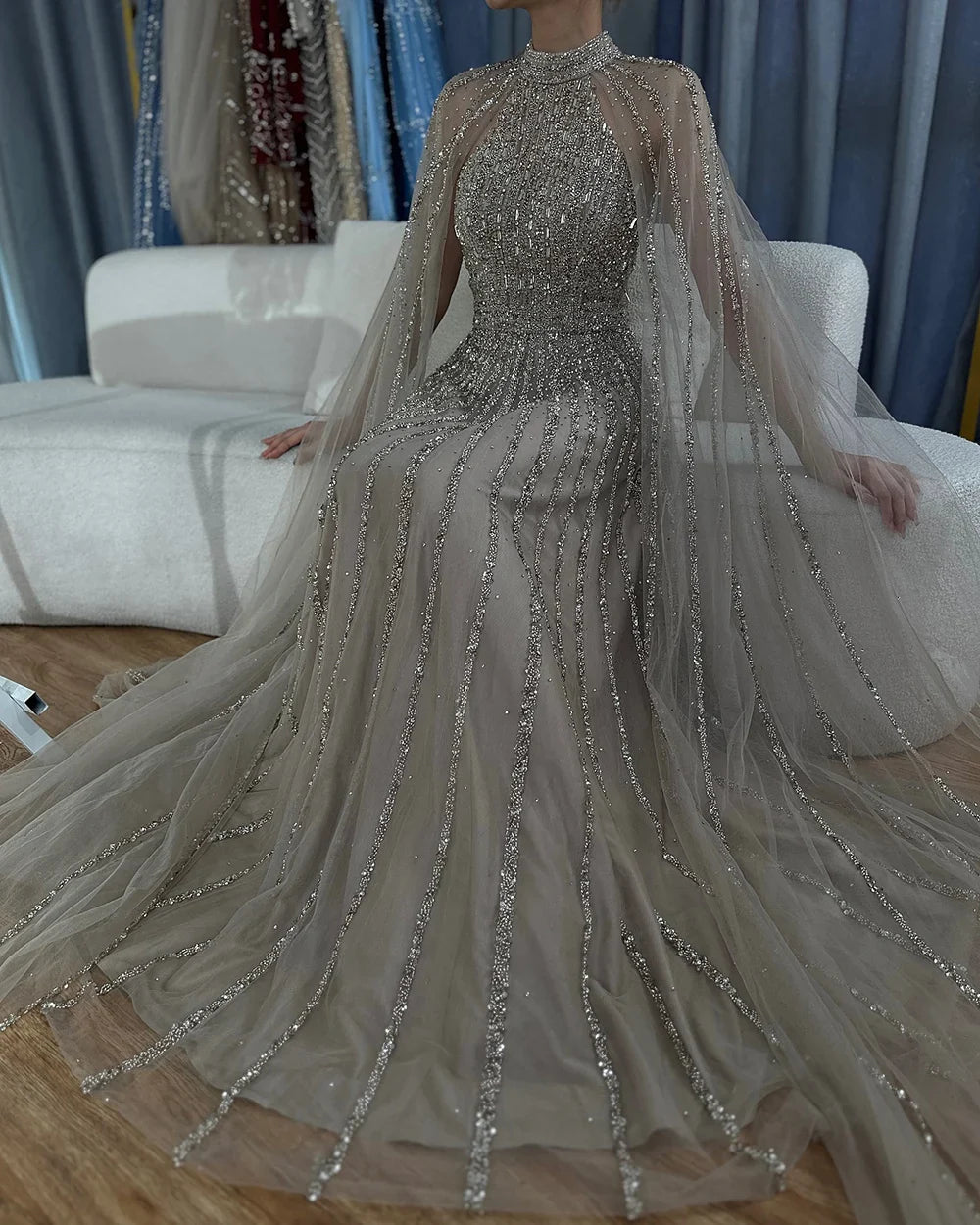 Luxury Caramel A-Line Cape Sleeve Beaded Evening Dress LA72306B