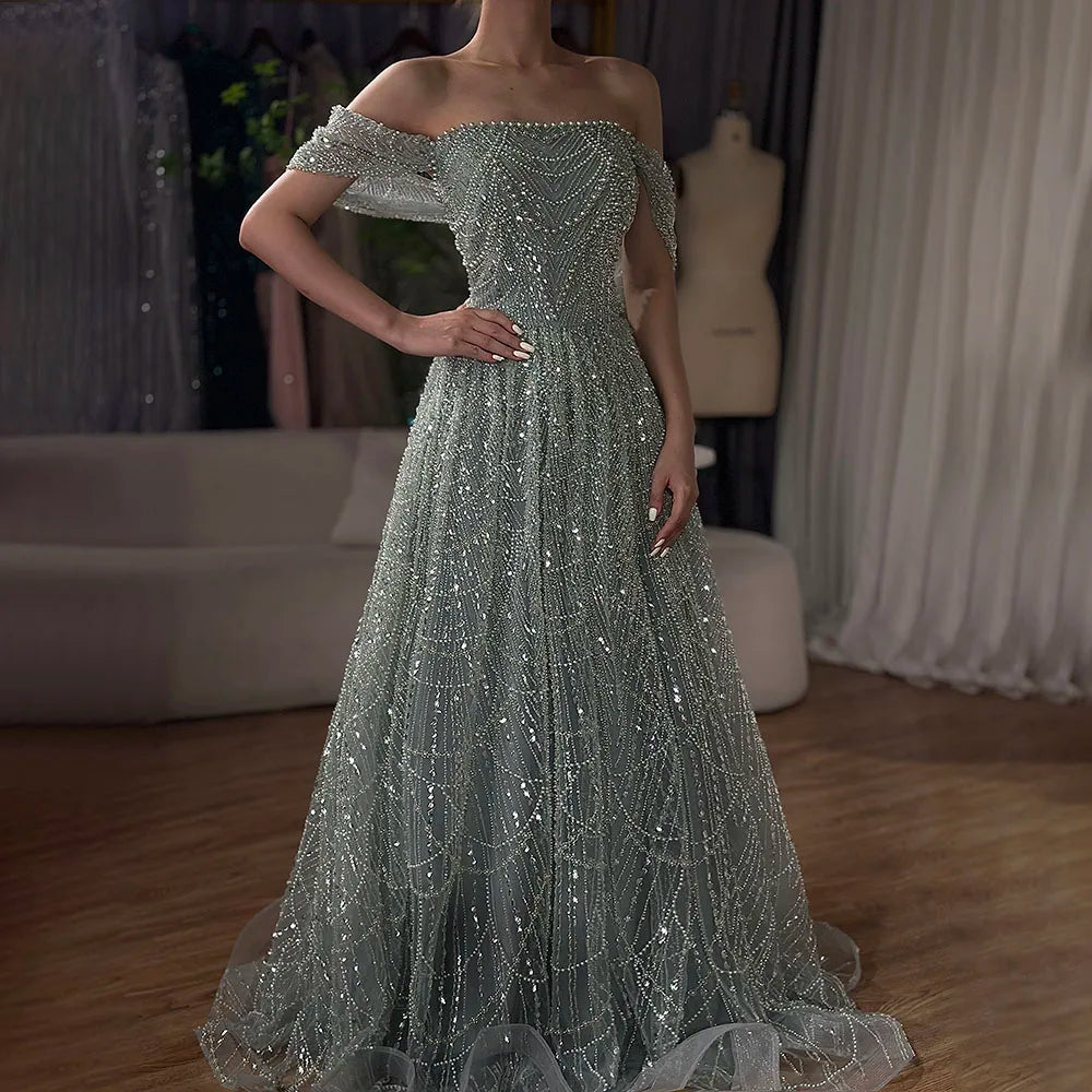 Luxury Beaded Champagne Off-Shoulder Evening Dress LA72738