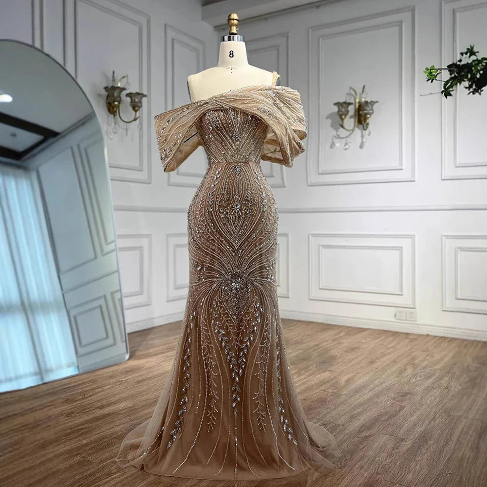Luxury Silver Nude Off Shoulder Mermaid Evening Dress LA72878