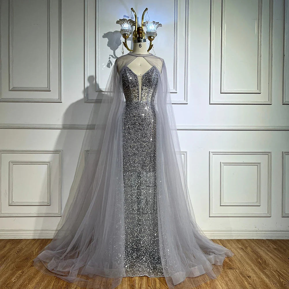 Luxury White Sequin Mermaid Evening Dress with Cape LA72996