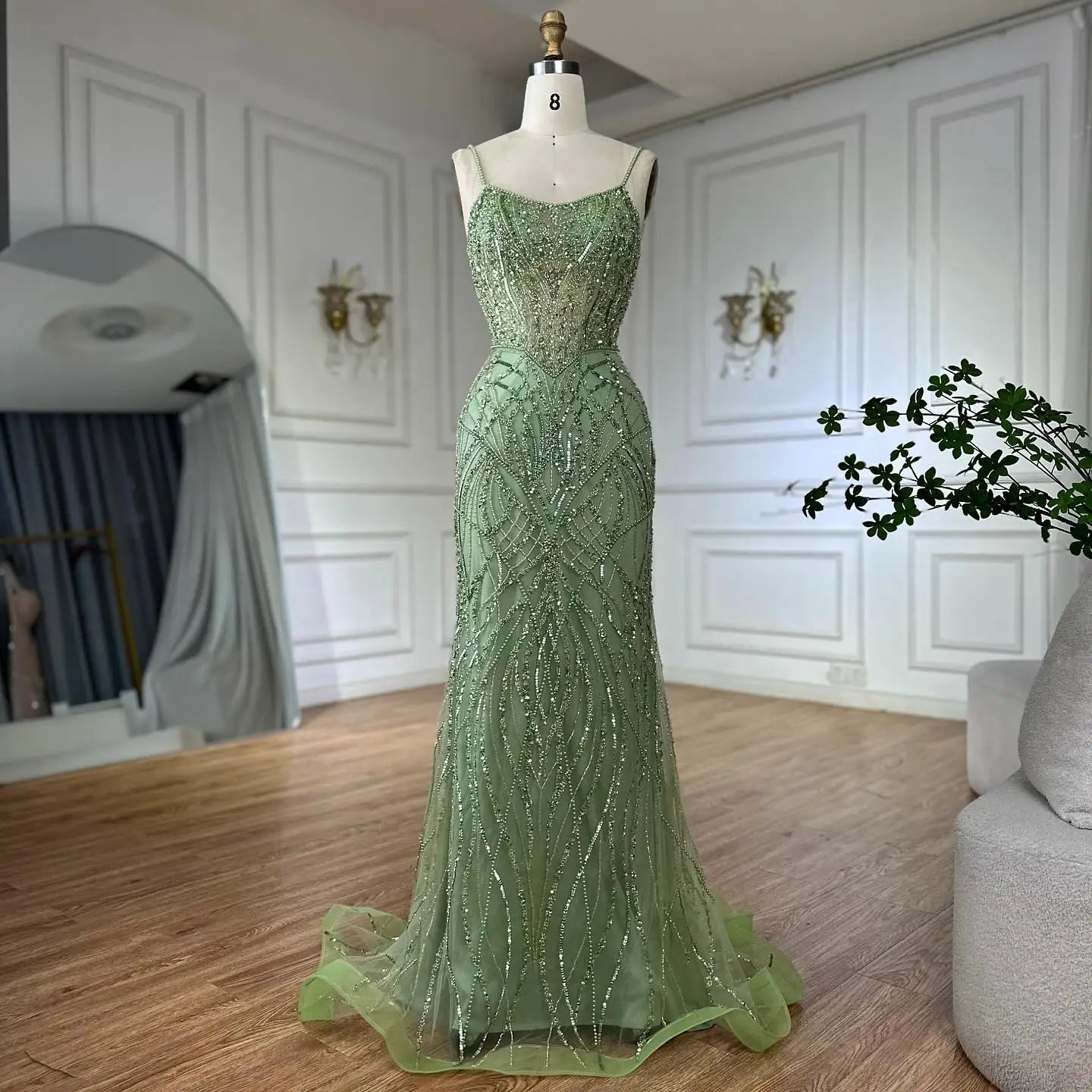 Sage Green Beaded Evening Dress Detachable Overskirt Party LA72733A
