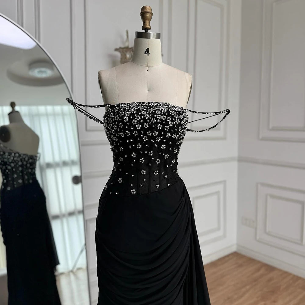 Luxury Black Beaded Mermaid Prom Dress with Spaghetti Straps LA73047