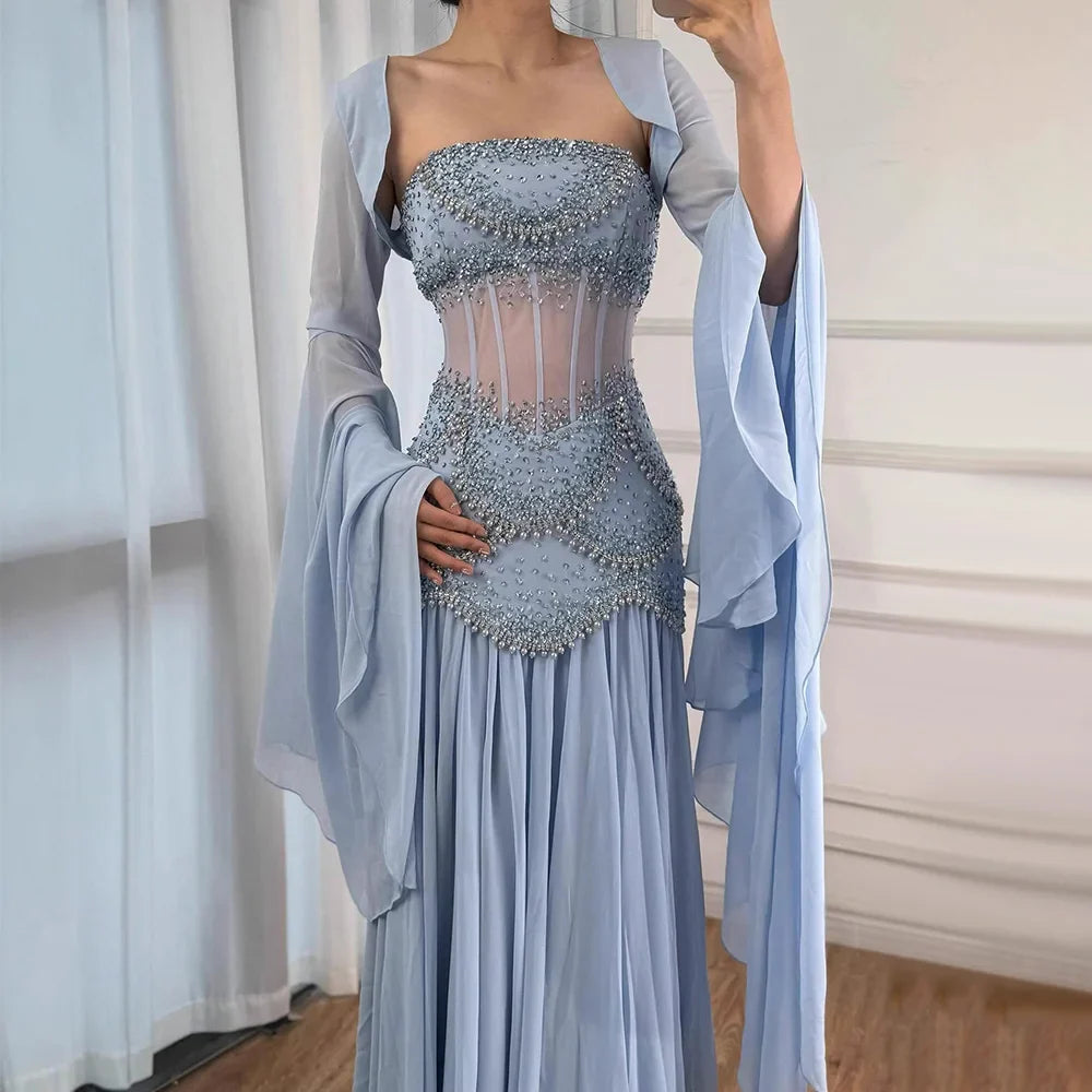 Luxury Blue Evening Dress with Pearls Tassels and Flowing Coat LA72978A