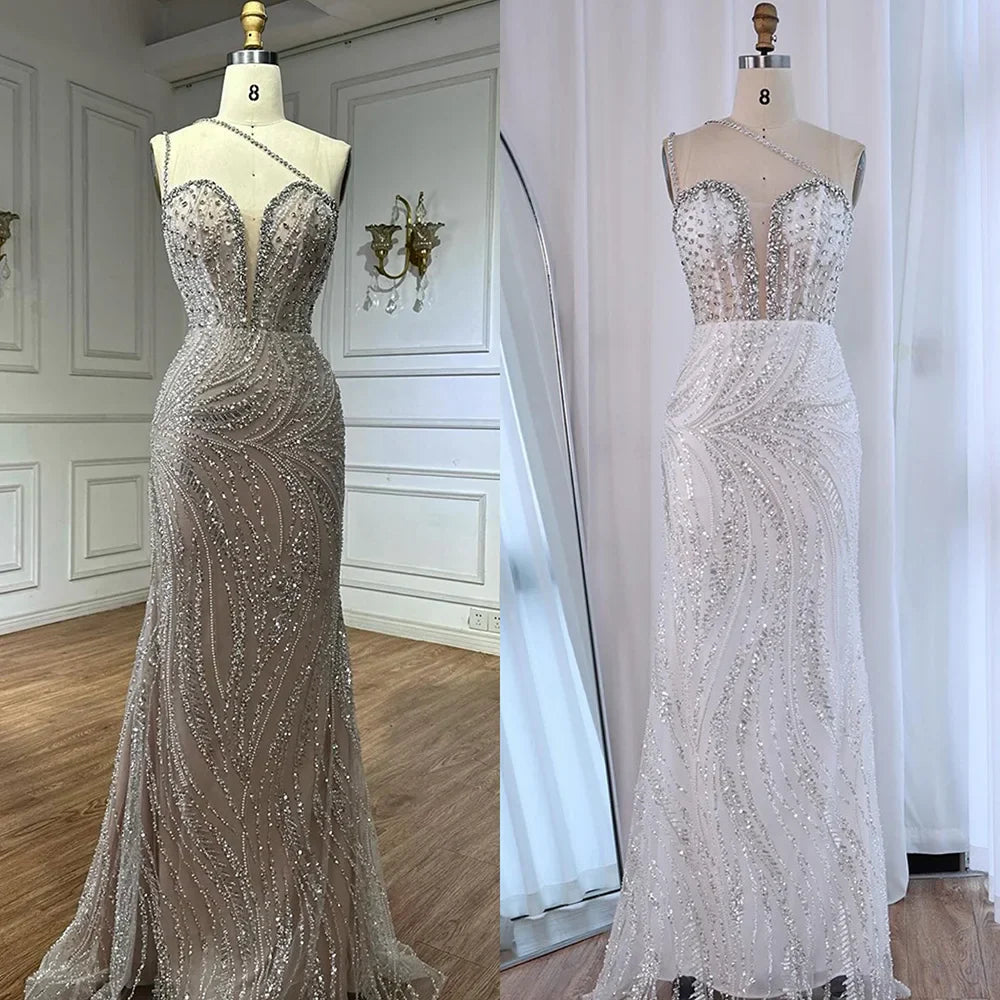 Luxury Dubai Nude Beaded One-Shoulder Evening Gown with Crystal for Formal Occasion LA72872