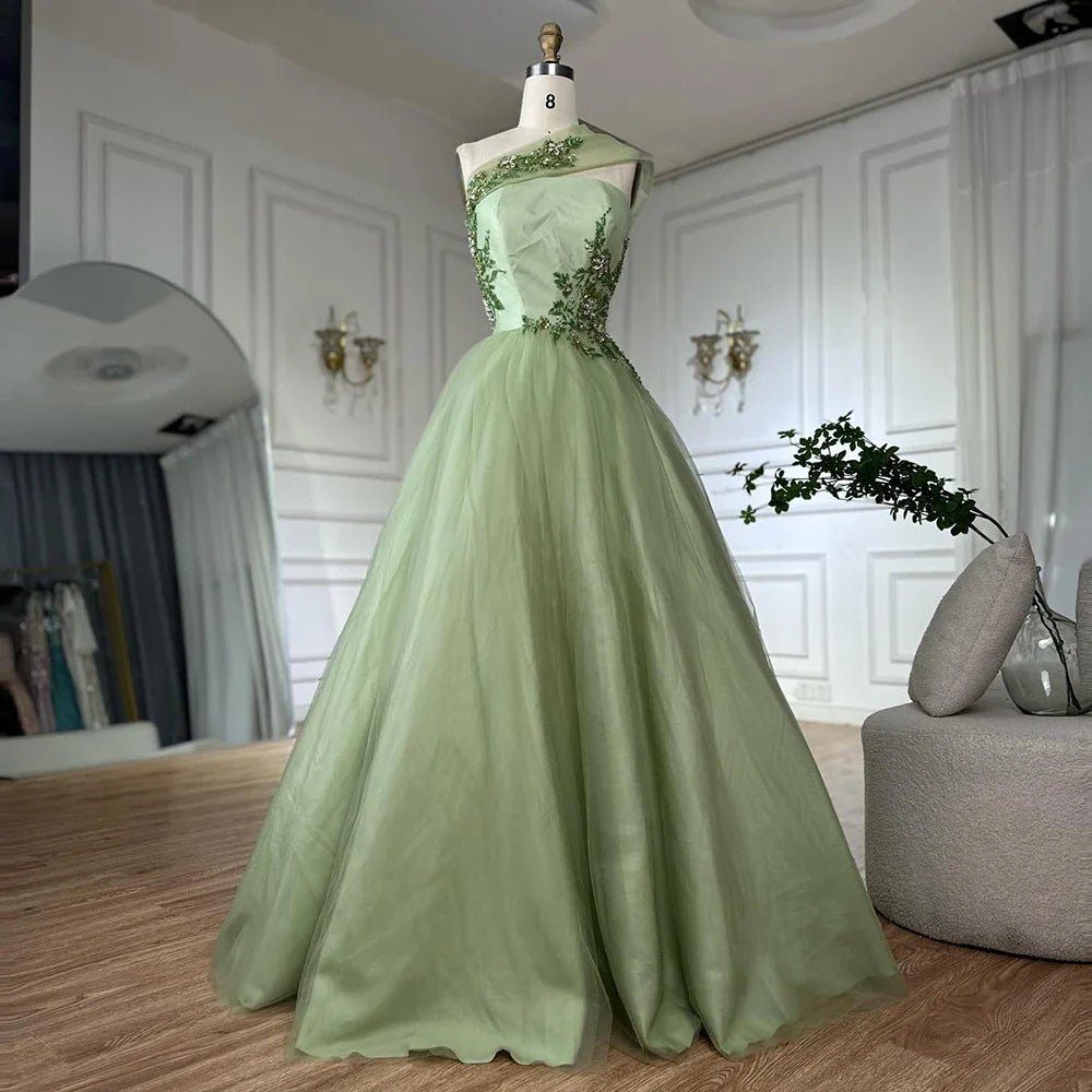 Luxury Dubai Sage Green Elegant One-Shoulder A-Line Appliques Long Arabic Evening Gown for Formal Occasion LA72783