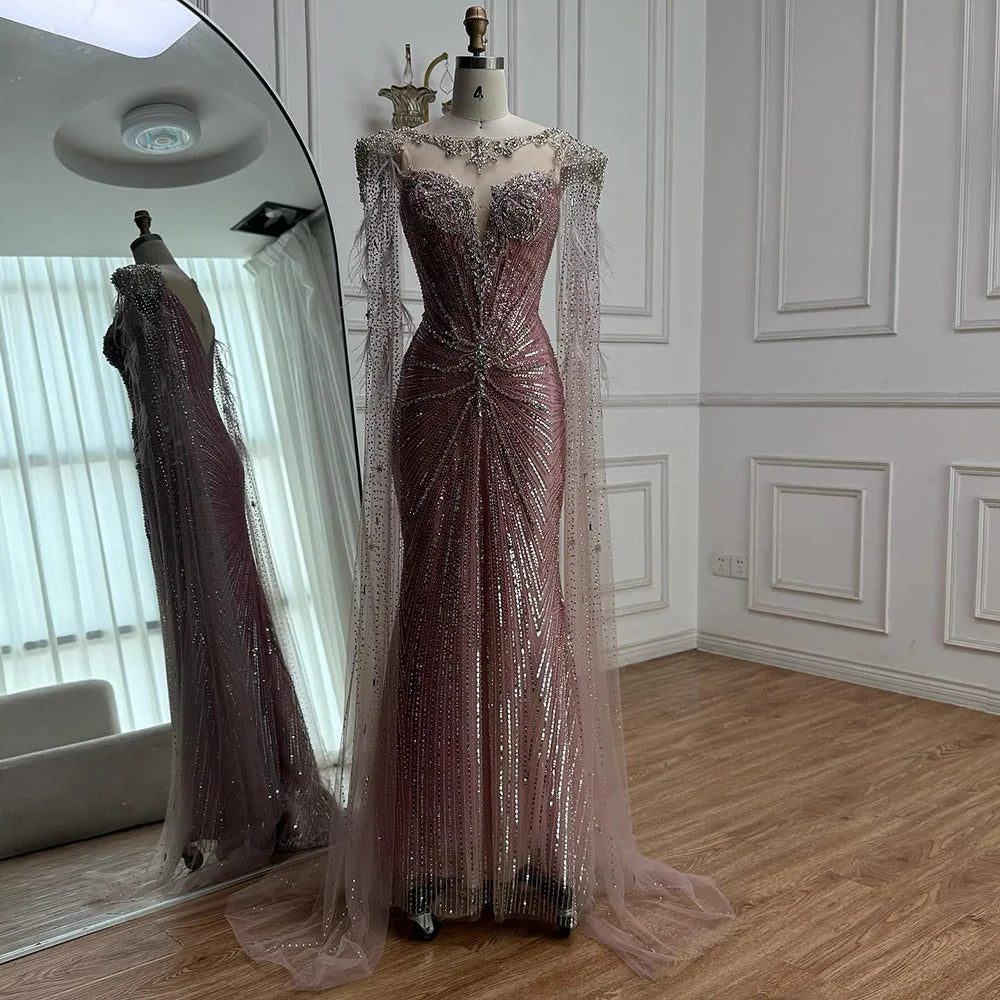 Luxury Pink Beaded Mermaid Evening Dress with Cape LA73106