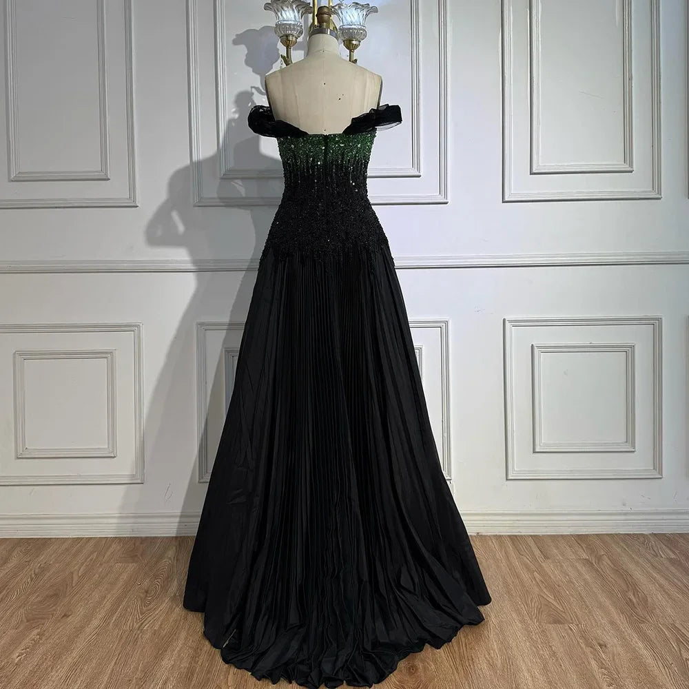 Luxury Beaded Black Green Off Shoulder Dubai Evening Dress for Party LA72406