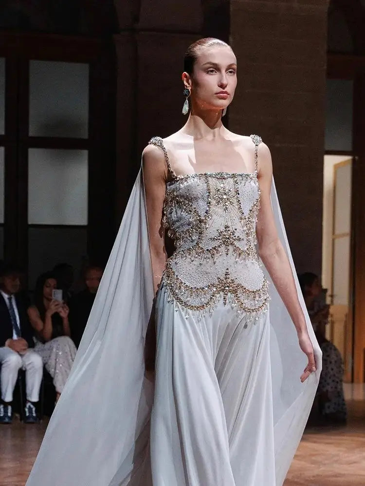 Luxury White Chiffon Cape Evening Dress with Beaded Bodice LA73123
