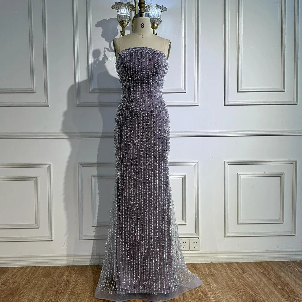 Elegant Crystal Beaded Strapless Lilac Mermaid Evening Gown LA72950