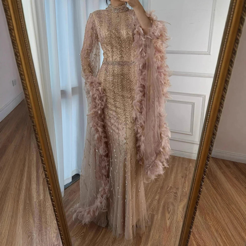 Elegant Rose Gold Evening Dress Featuring Feathered Cape Sleeves LA72947