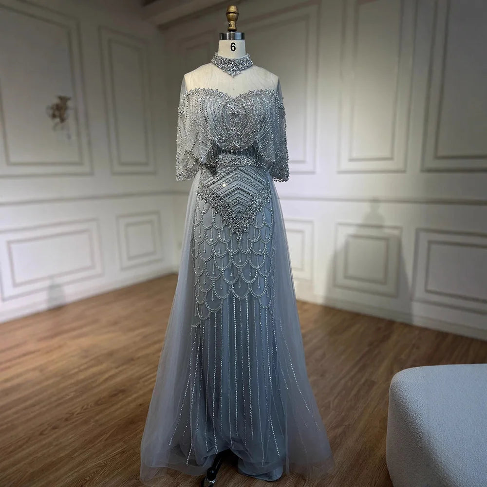 Luxury Gray Beaded Evening Dress with Overskirt LA73129