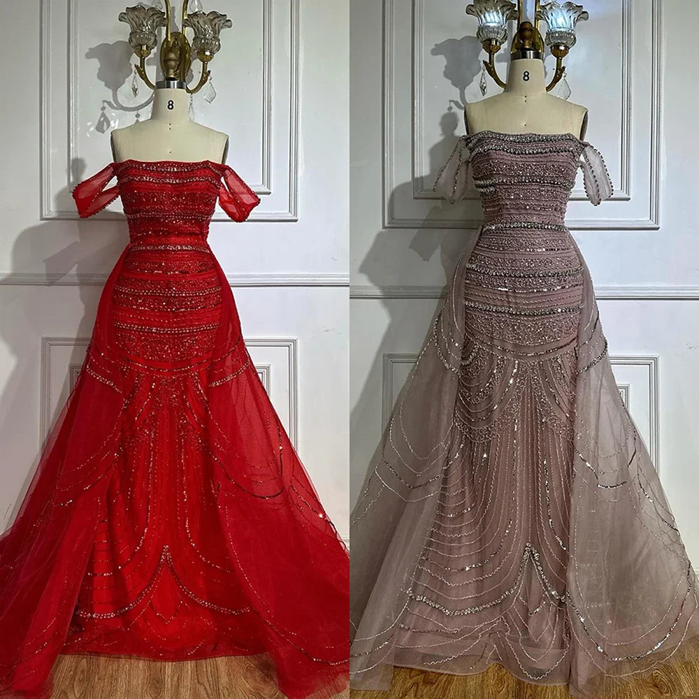 Luxury Pink Mermaid Beaded Evening Gown with Detachable Satin Overskirt LA72781