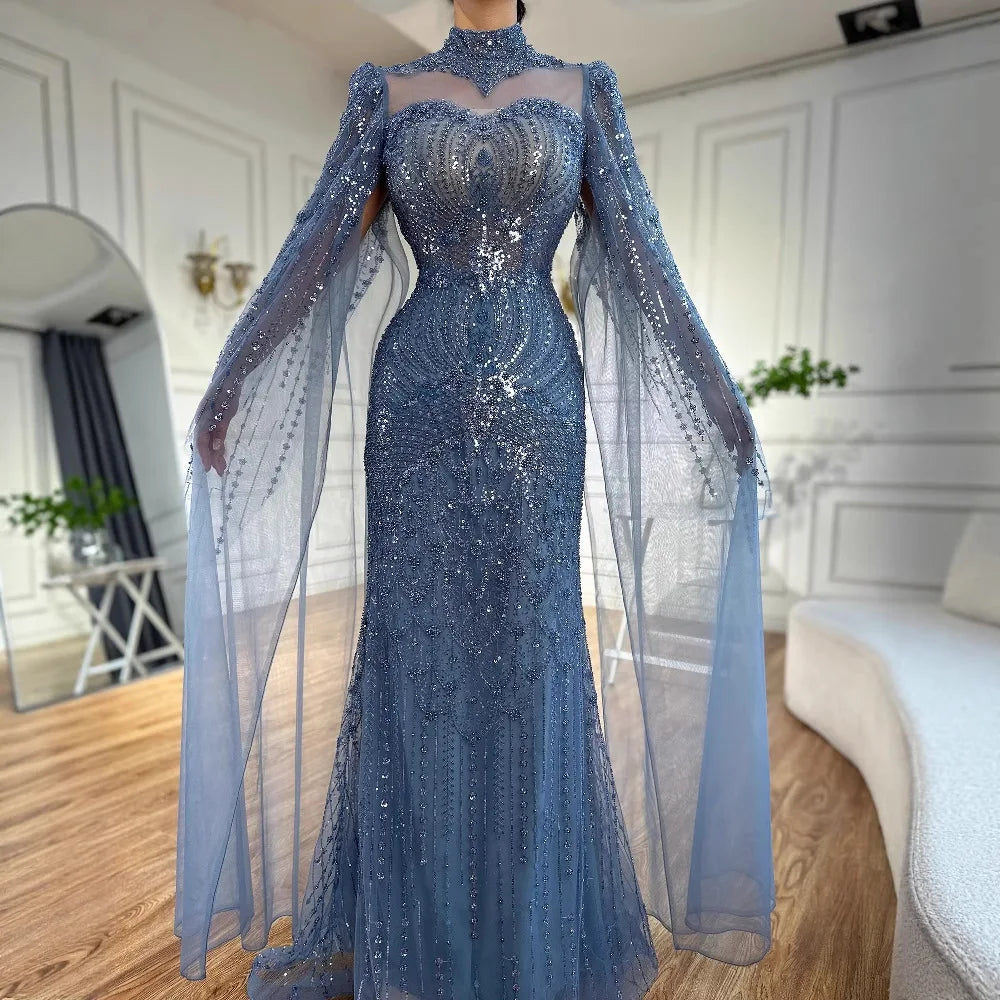 Modest Blue Mermaid Evening Dress with Cape LA73006