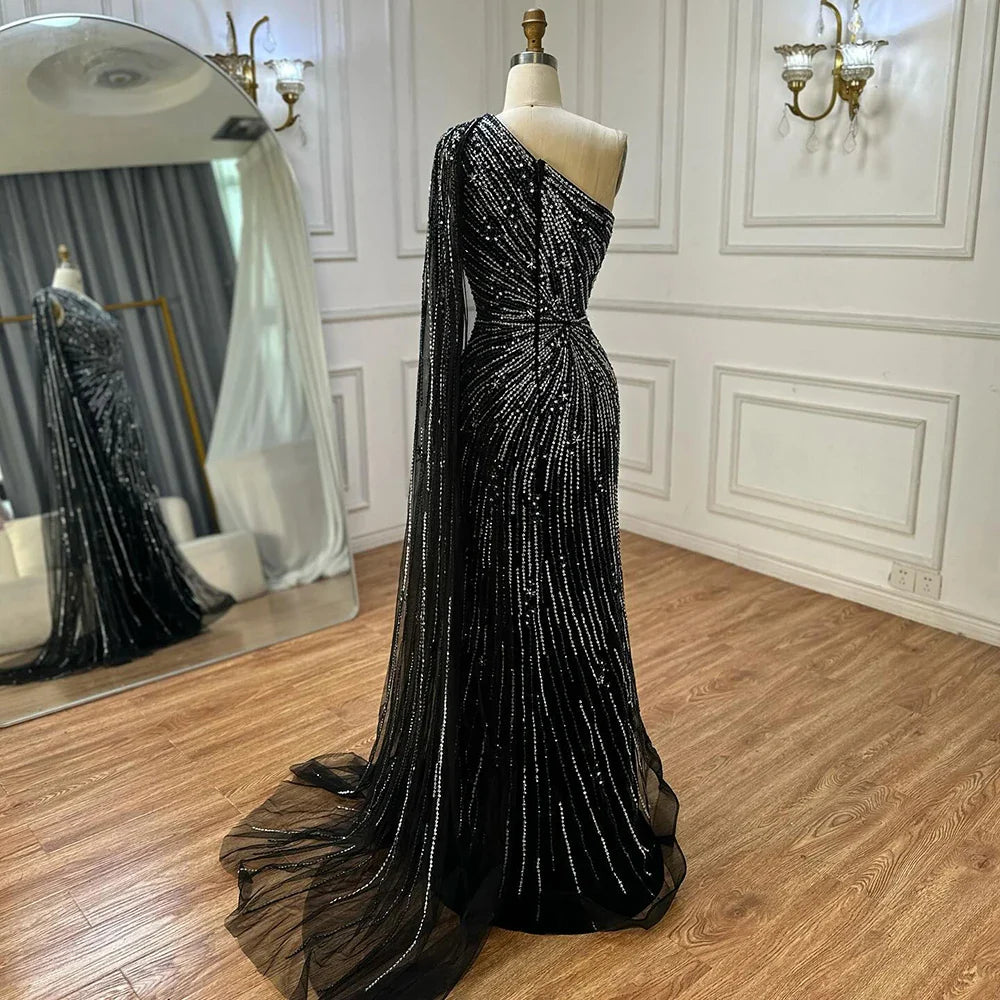 Luxury Black One Shoulder Mermaid Evening Dress with High Slit LA72829