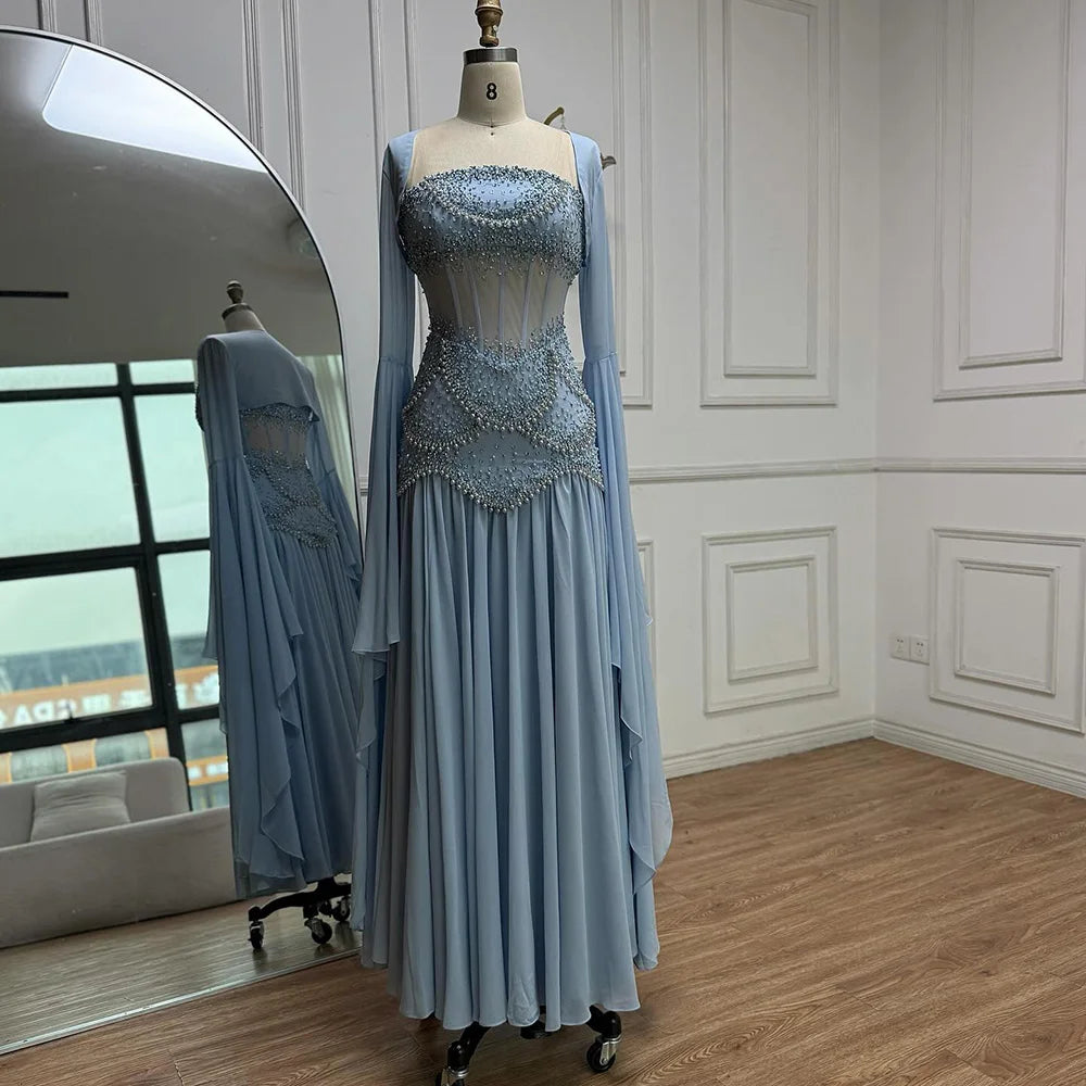 Luxury Blue Evening Dress with Pearls Tassels and Flowing Coat LA72978A