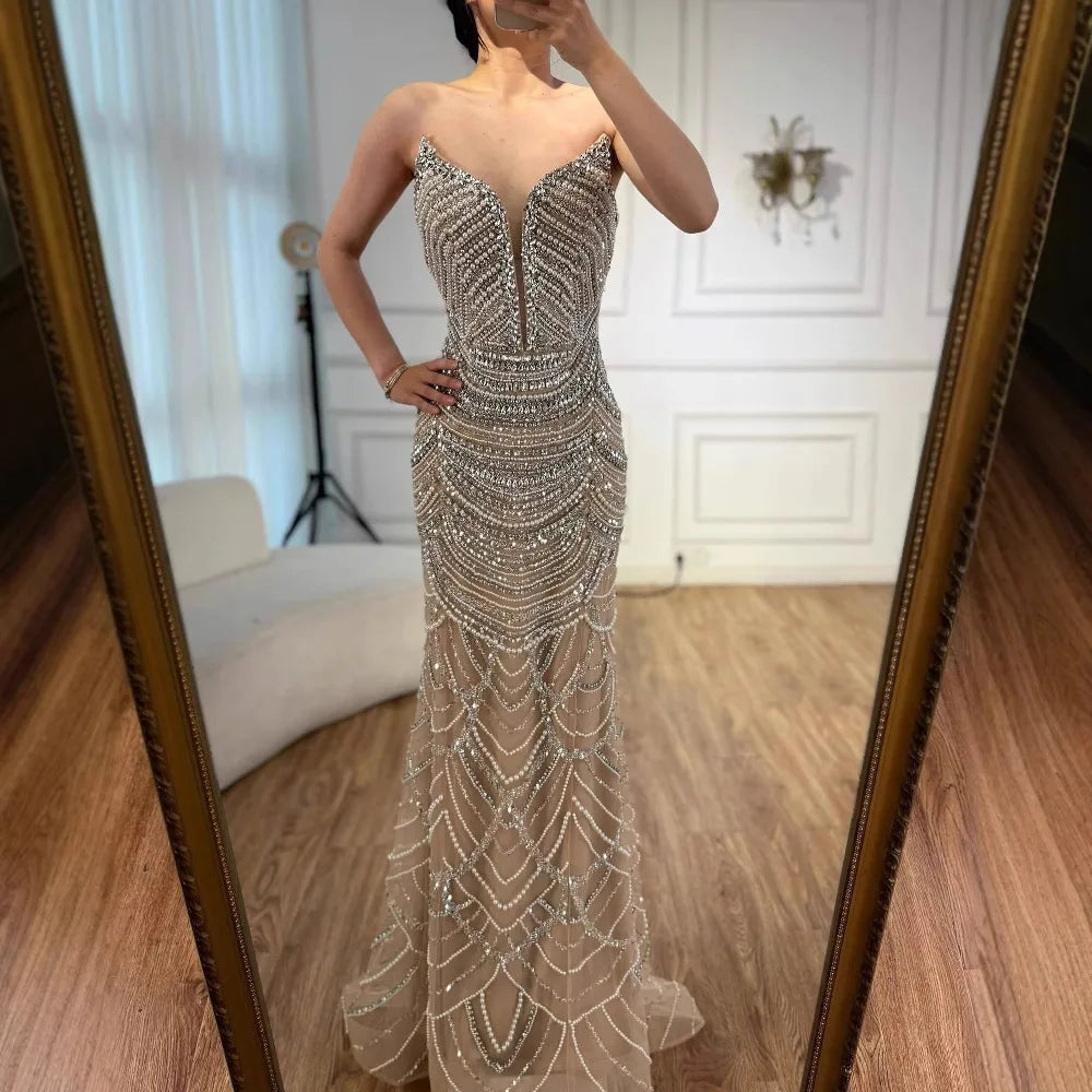 Luxury Nude Silver Beaded Evening Gown with Crystals LA72900