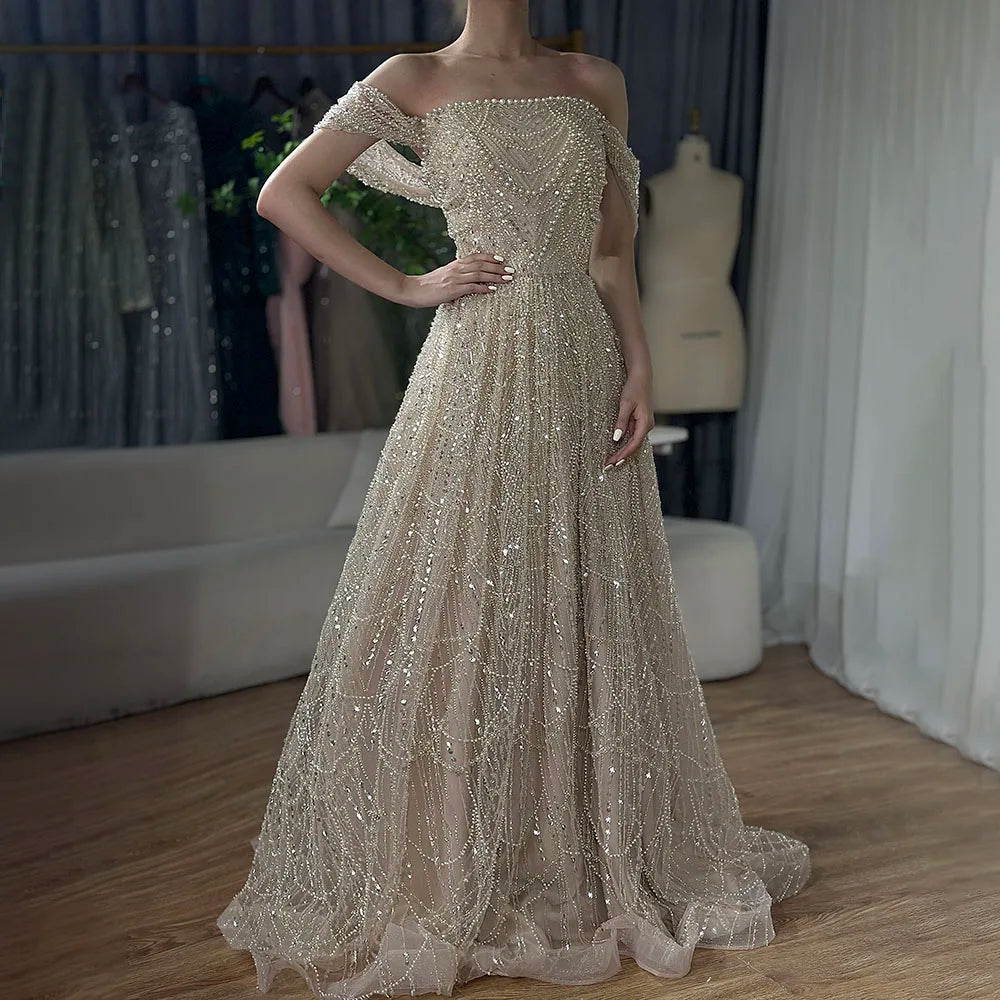 Luxury Beaded Champagne Off-Shoulder Evening Dress LA72738