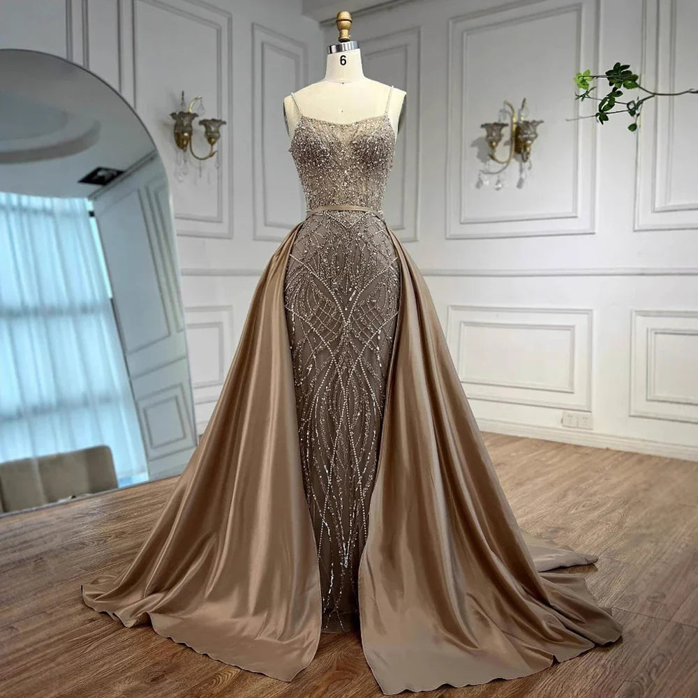 Sage Green Beaded Evening Dress Detachable Overskirt Party LA72733A