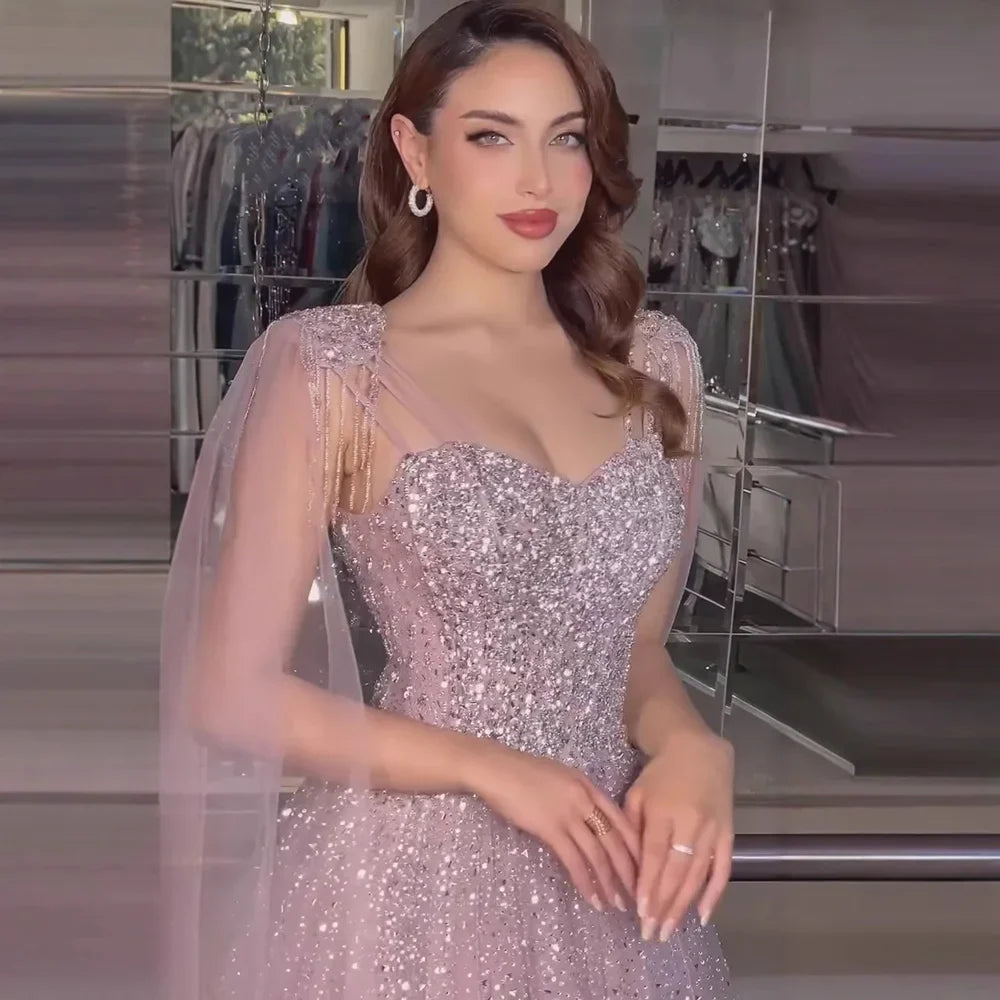 Luxury Pink Tulle Beaded A-Line Evening Dress with Cape Sleeves LA73072