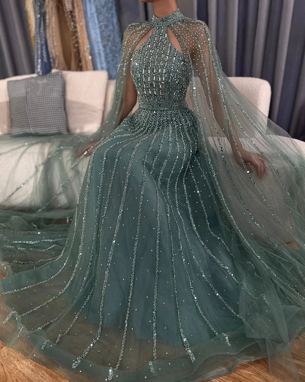 Luxury Turquoise A-Line Cape Sleeve Beaded Evening Dress Plus Size LA72306A