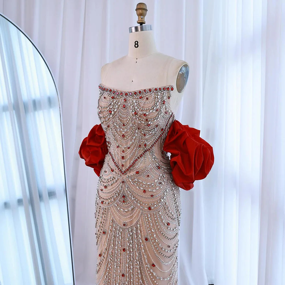 Luxury Beaded Evening Dress Puff Sleeves Pearl Adorned LA72903