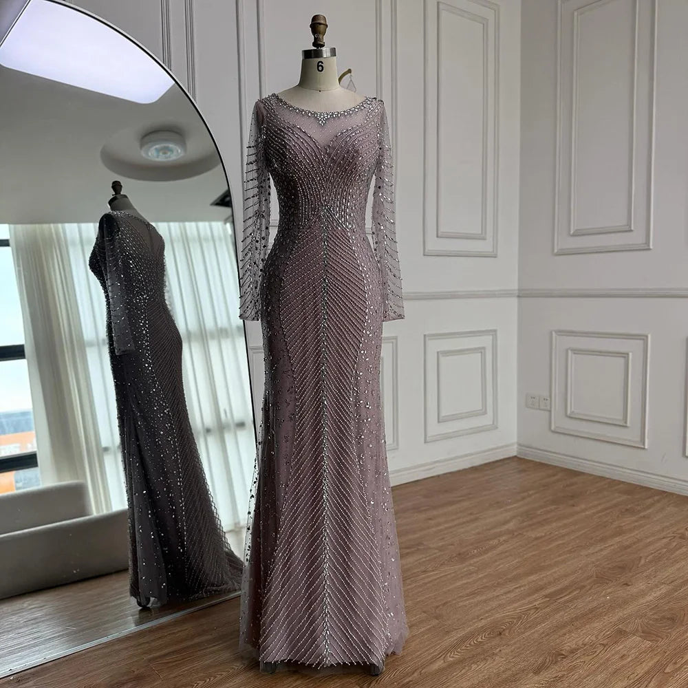 Luxury Arabic Silver Nude Beaded Mermaid Long Sleeve Evening Dress LA73132