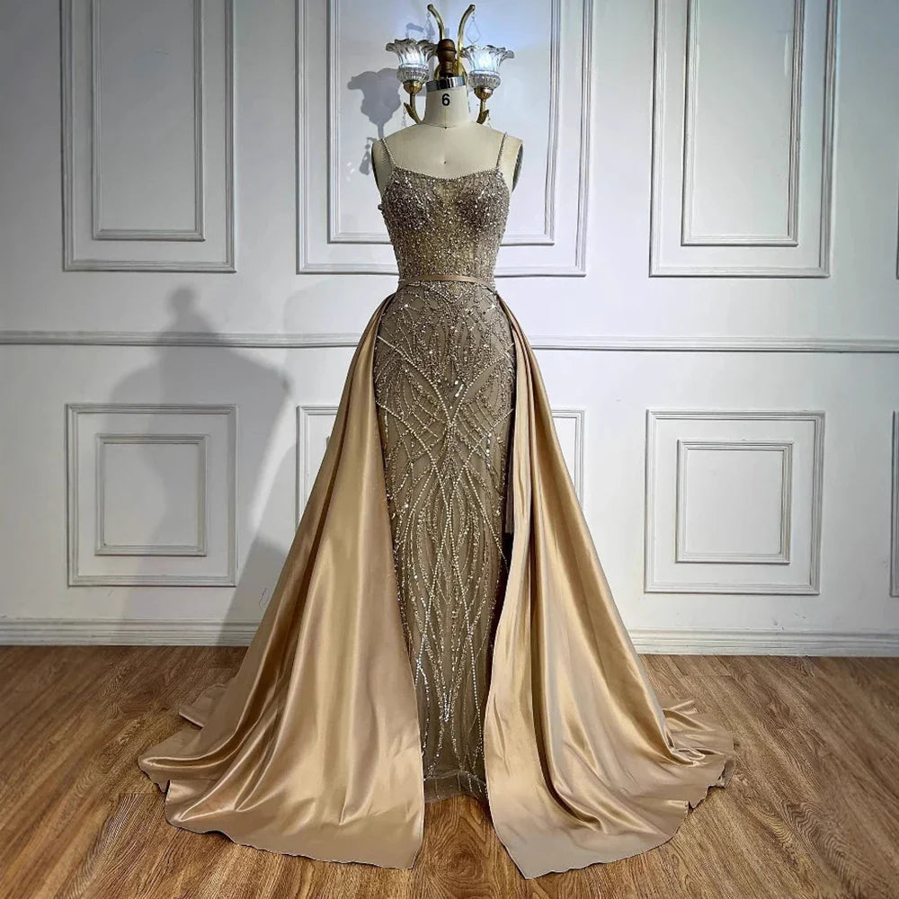 Sage Green Beaded Evening Dress Detachable Overskirt Party LA72733A