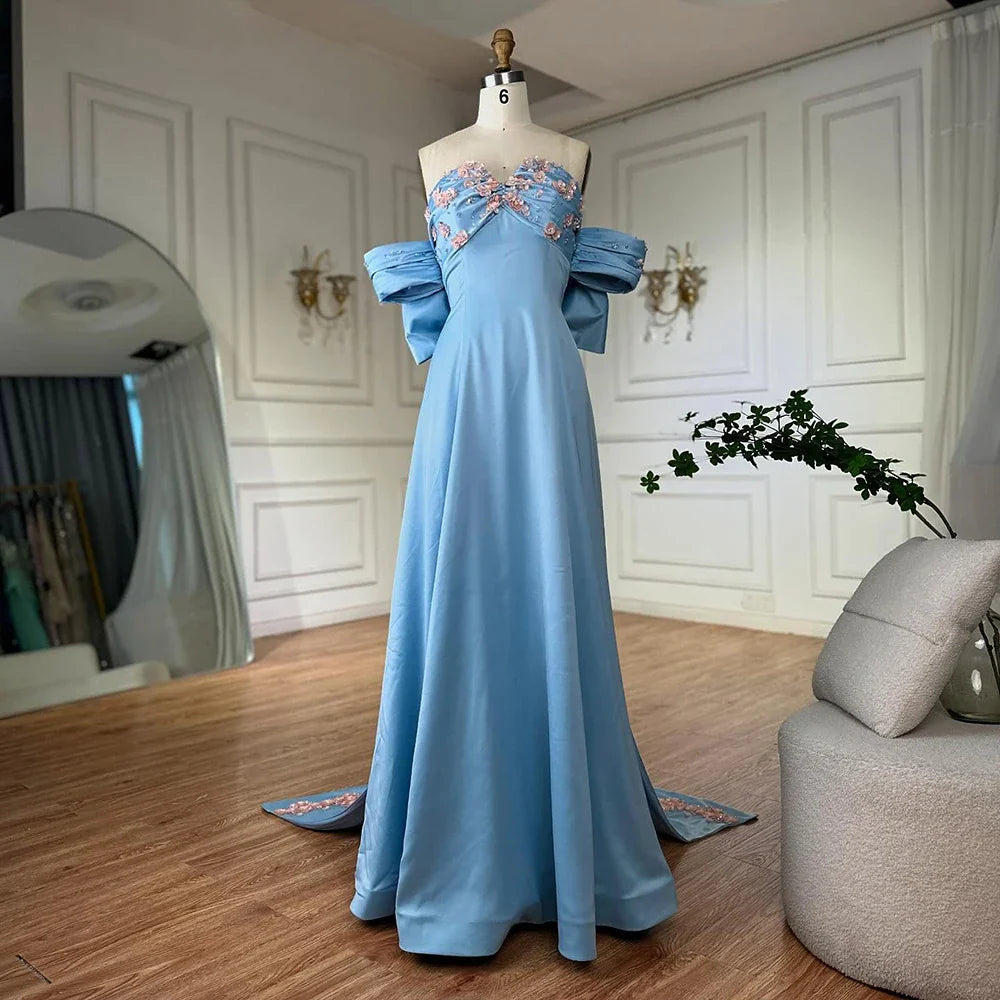 Luxury Dubai Arabic Blue Beaded A-Line Saudi Evening Gown for Formal Occasion LA72792