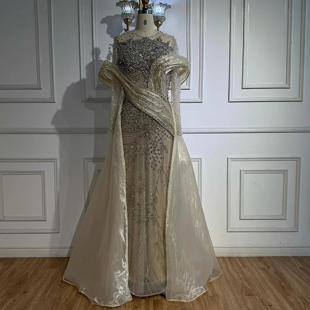 Luxury Nude Beaded Mermaid Evening Dress with Overskirt LA72932