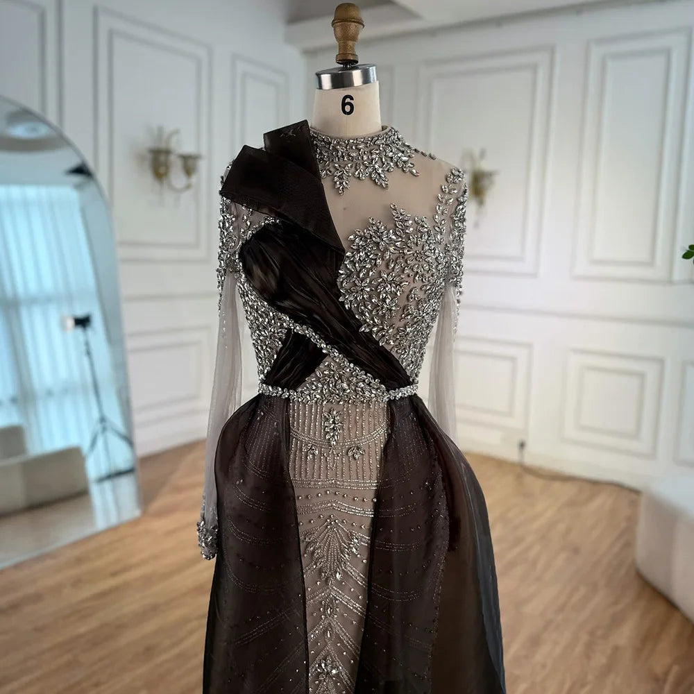 Silver Nude Beaded Long Sleeve Arabic Evening Dress LA72769A