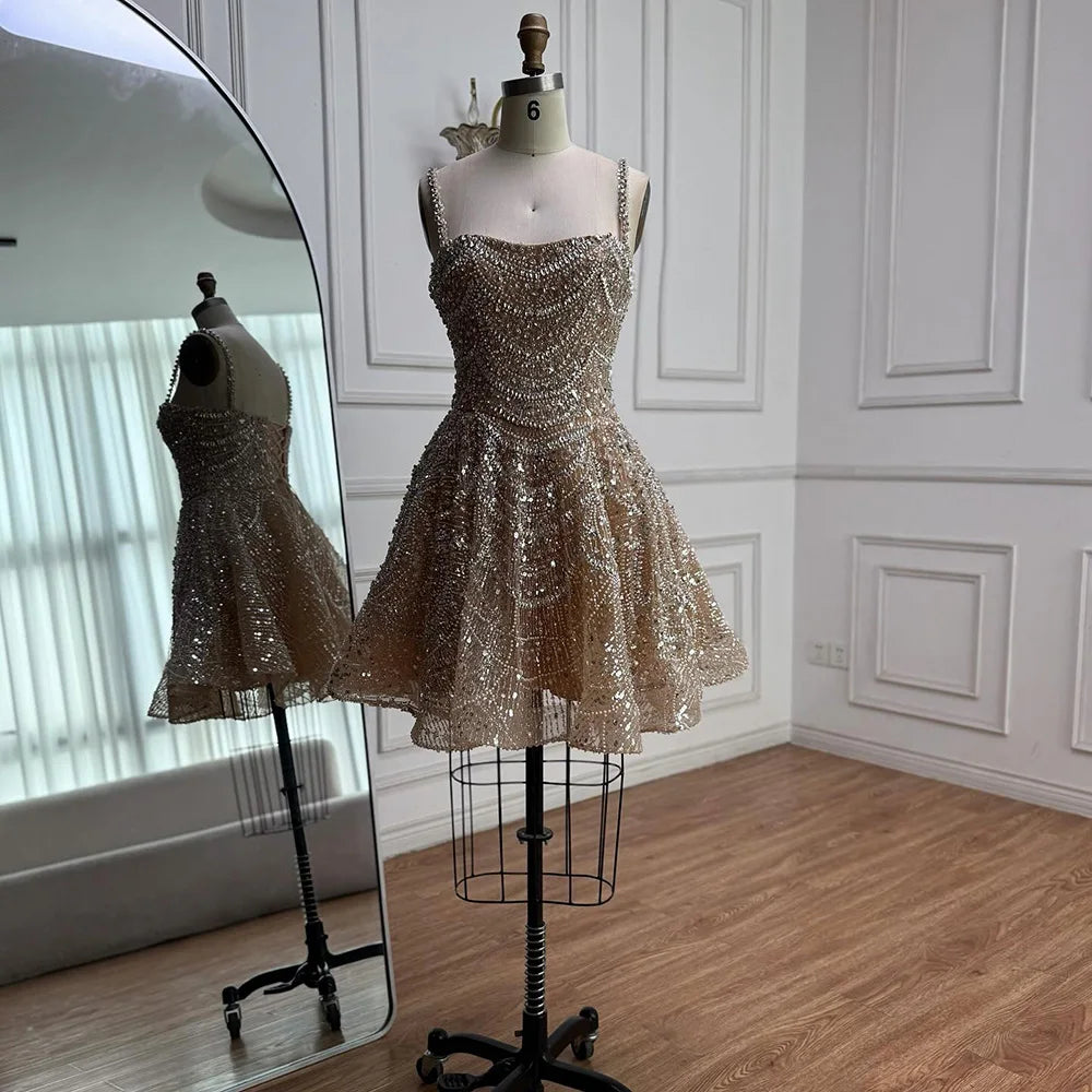Luxury Nude Crystal Beaded A-Line Short Cocktail Party Dress LA72983