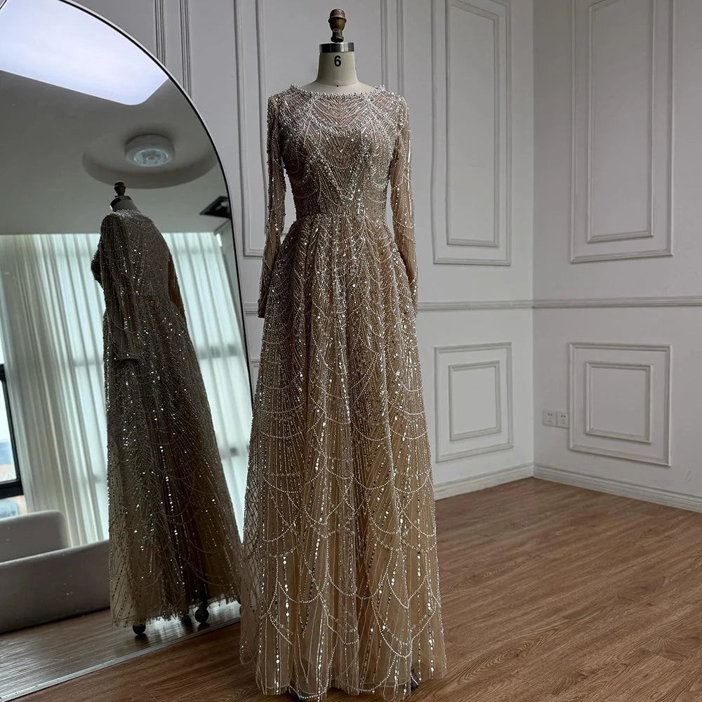 Luxury Olive Green Beaded A-Line Modest Evening Dress LA72738B