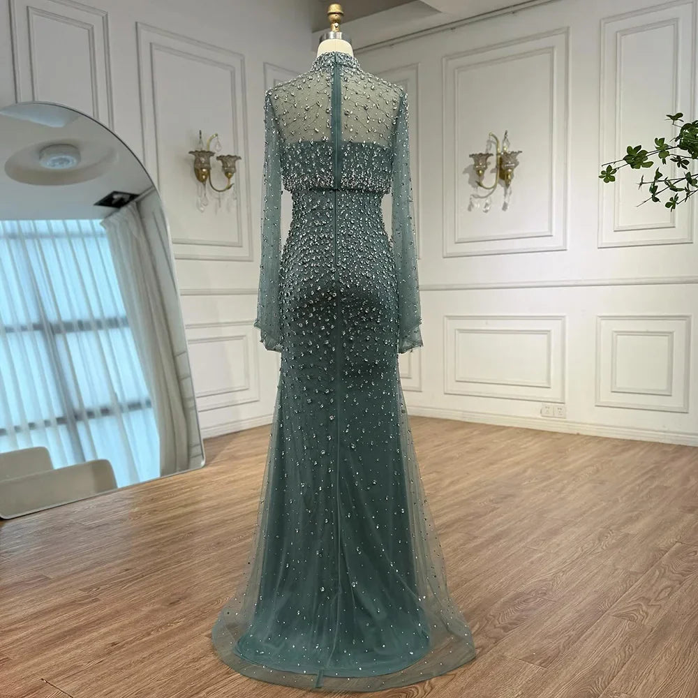 Luxury Turquoise Two Pieces Beaded Mermaid Evening Dress with Detachable Top LA73095