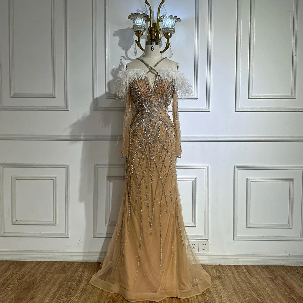 Luxury Dubai Blue Feather Beaded Luxury Mermaid Evening Dresses Gowns for Women Formal Occasion LA72836