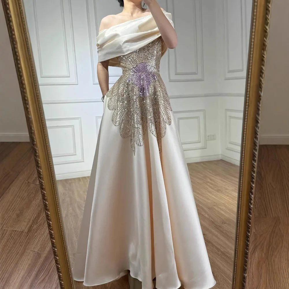 Luxury Pink Satin A-Line Beaded Evening Dress LA72195A